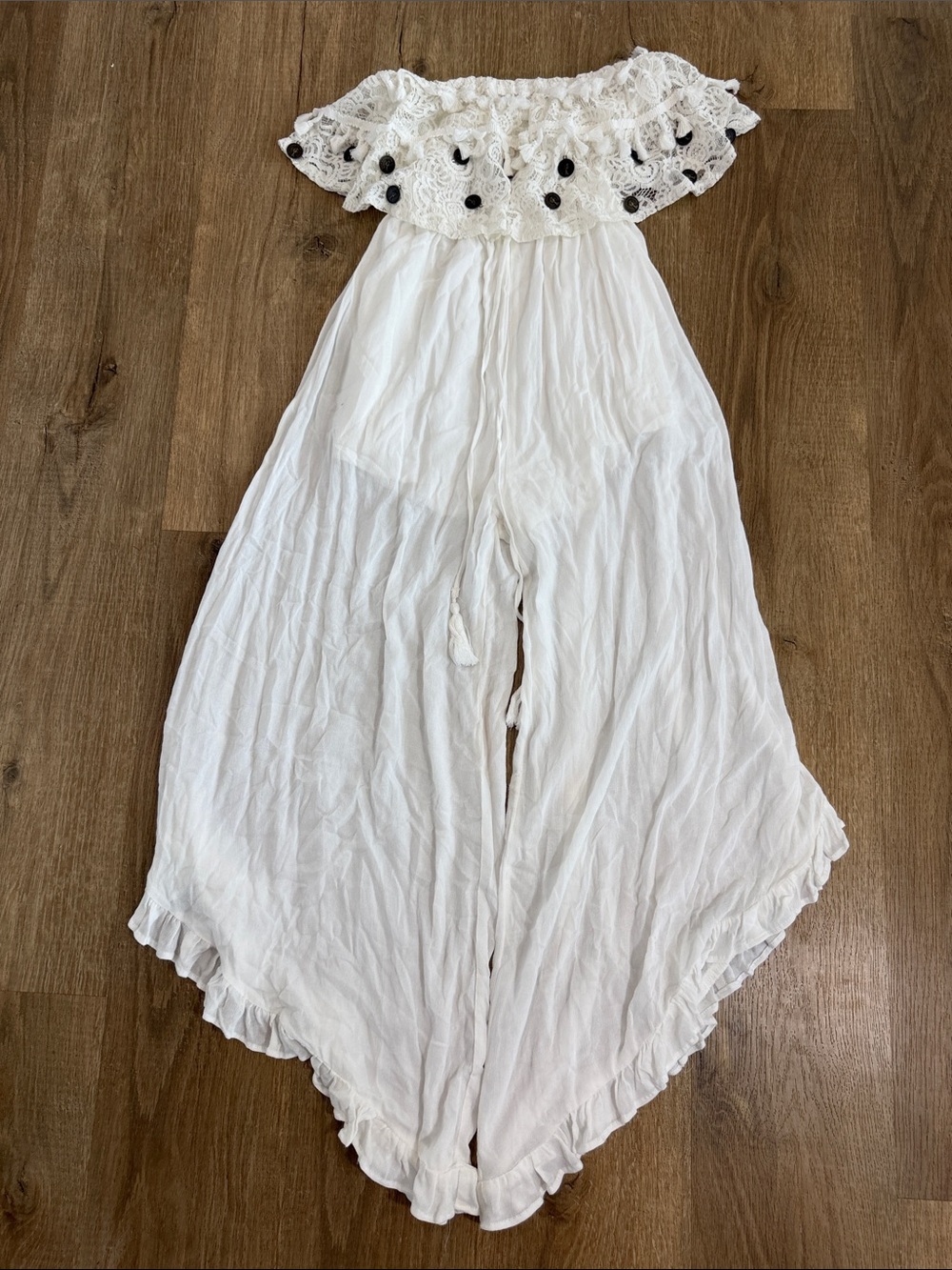 Boho Off-Shoulder White Lace Jumpsuit Asymmetrical Ruffle Trim Romper